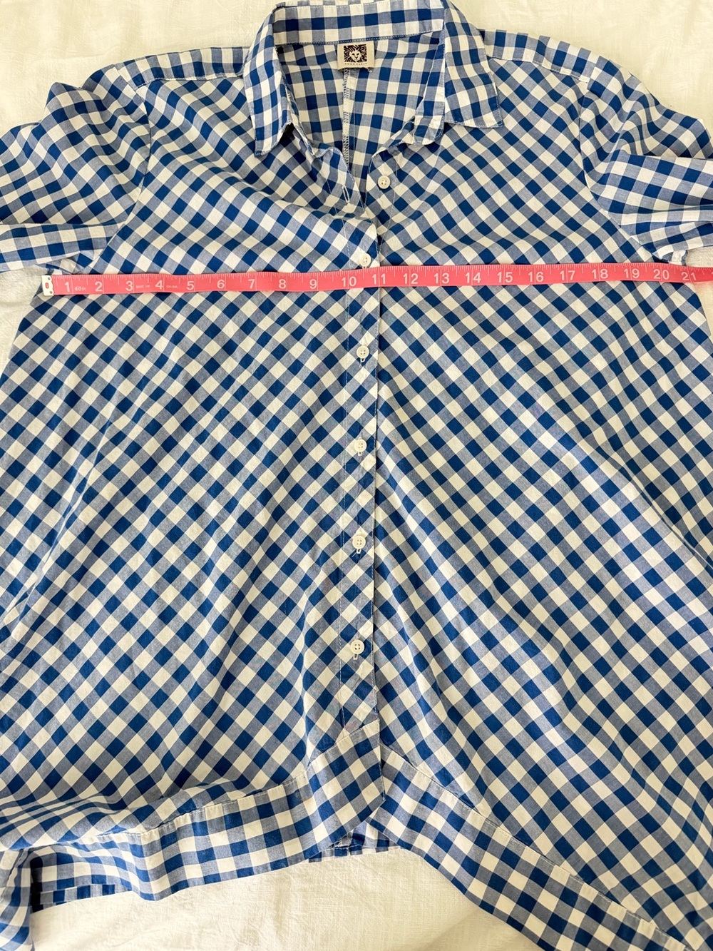 Anne Klein Blue Gingham Shirt Coastal Preppy Hamptons Chic Roll Tab Euro Summer - Picture 11 of 15